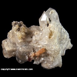 Mineral Specimen: Hubeite (TL) and Inesite on Quartz from Fengjiashan Mine, Daye Co., Huangshi, Hubei, China