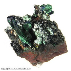 Mineral Specimen: Azurite partially pseudomorphed to Malachite with Calcite and possible Chalcophanite from Cole Shaft, Bisbee, Cochise Co., Arizona